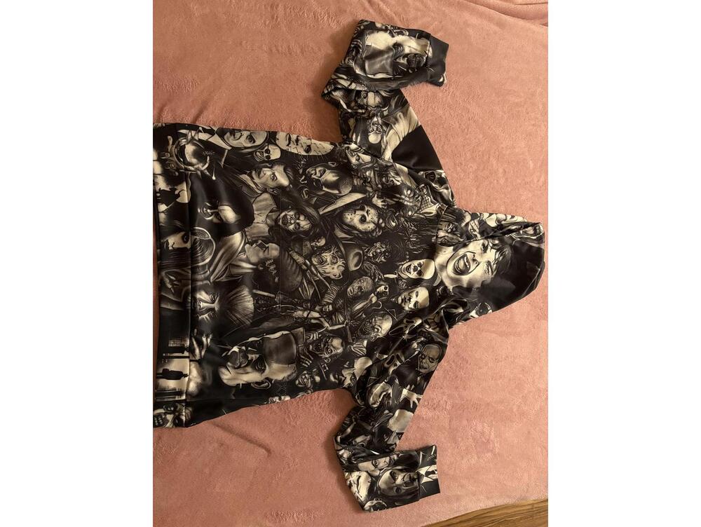 Black and White Graphic Hoodie with Horror Faces Print, Size